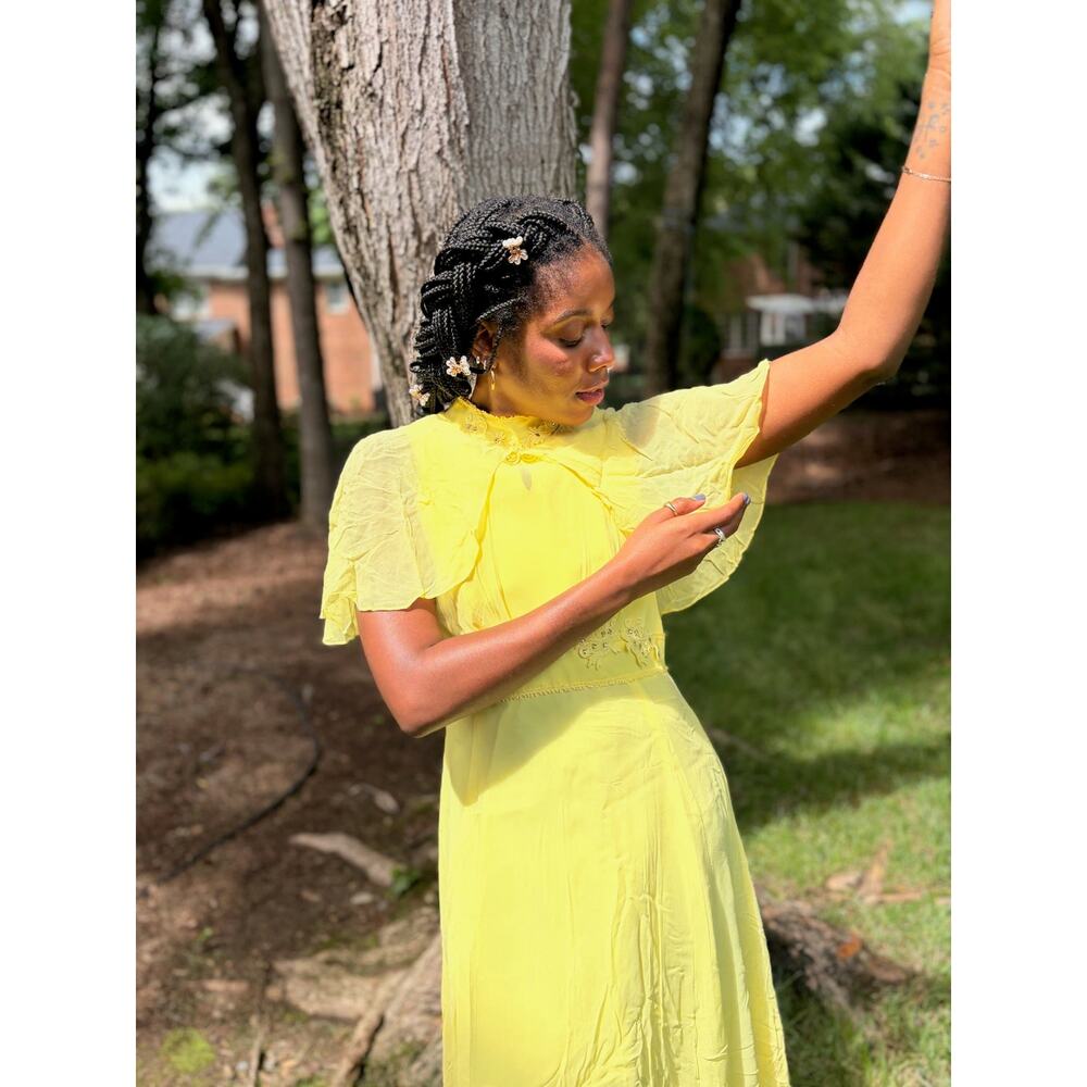 Vintage 1960s Butter Yellow Silk Maxi Dress with Removable Cape